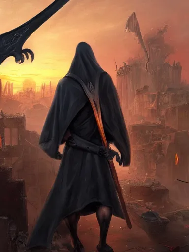 Image similar to the grim reaper holding a scythe, trought a destroyed city with people scared. the sun starting to rise during the twilight in the background. intricate, elegant, highly detailed, digital painting, artstation, concept art, sharp focus, illustration, by justin gerard and artgerm, 8 k