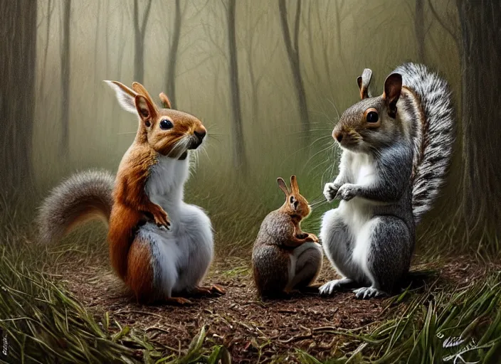 Image similar to photo, a squirrel fighting a rabbit, woodland location, stefan kostic and david cronenberg, realistic, sharp focus, 8 k high definition, intricate, chiaroscuro, elegant, perfect faces, symmetrical face, extremely detailed, hypnotic eyes, realistic, fantasy art, masterpiece zdzislaw beksinski, national geographic, artgerm