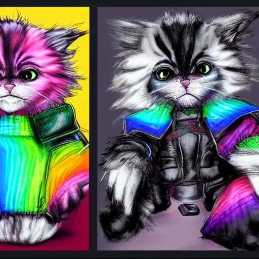 Image similar to wide angle full body, jacket wearing fluffy cute rainbow kitten wearing a black leather motorcycle jacket, concept art