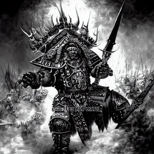 Image similar to raymond van barneveld in battle. warhammer fantasy artwork. black and white.