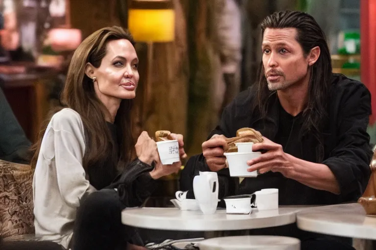 Image similar to Angelina Jolie and the alien from The Predator (2018) are best friends, drinking coffee at central perk, still photo, hyperrealistic, 35mm, 8k, by weta digital