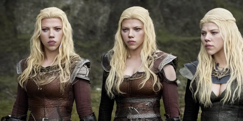 Image similar to Scarlett Johansson and Katheryn Winnick, with a scar and white hair, in the TV series Vikings