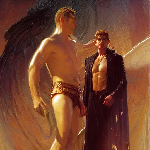 Prompt: attractive male deity casts dark spell, summons attractive male lucifer morningstar. highly detailed painting by gaston bussiere, craig mullins, j. c. leyendecker 8 k