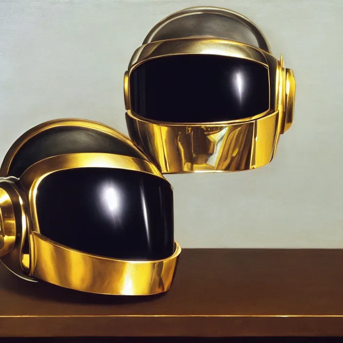 Image similar to still life painting of a daft punk helmets by pieter claesz, oil on canvas, strong lighting, highly detailed, hyper realism, golden hour, god rays, hd, 4 k