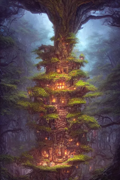 Image similar to a miniature city built into the trunk of a single colossal tree in the forest, with tiny people, in the style of andreas rocha, lit windows, close - up, low angle, wide angle, awe - inspiring, highly detailed digital art