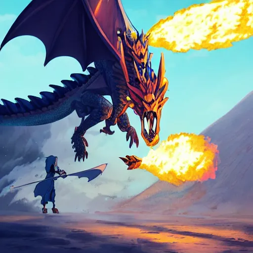 Prompt: dragon spits fire on a blue knight holding a gold sword, a green hatchback car is nearby, low wide angle, anime, desert landscape, greg rutkowski, Murata, one punch man manga,