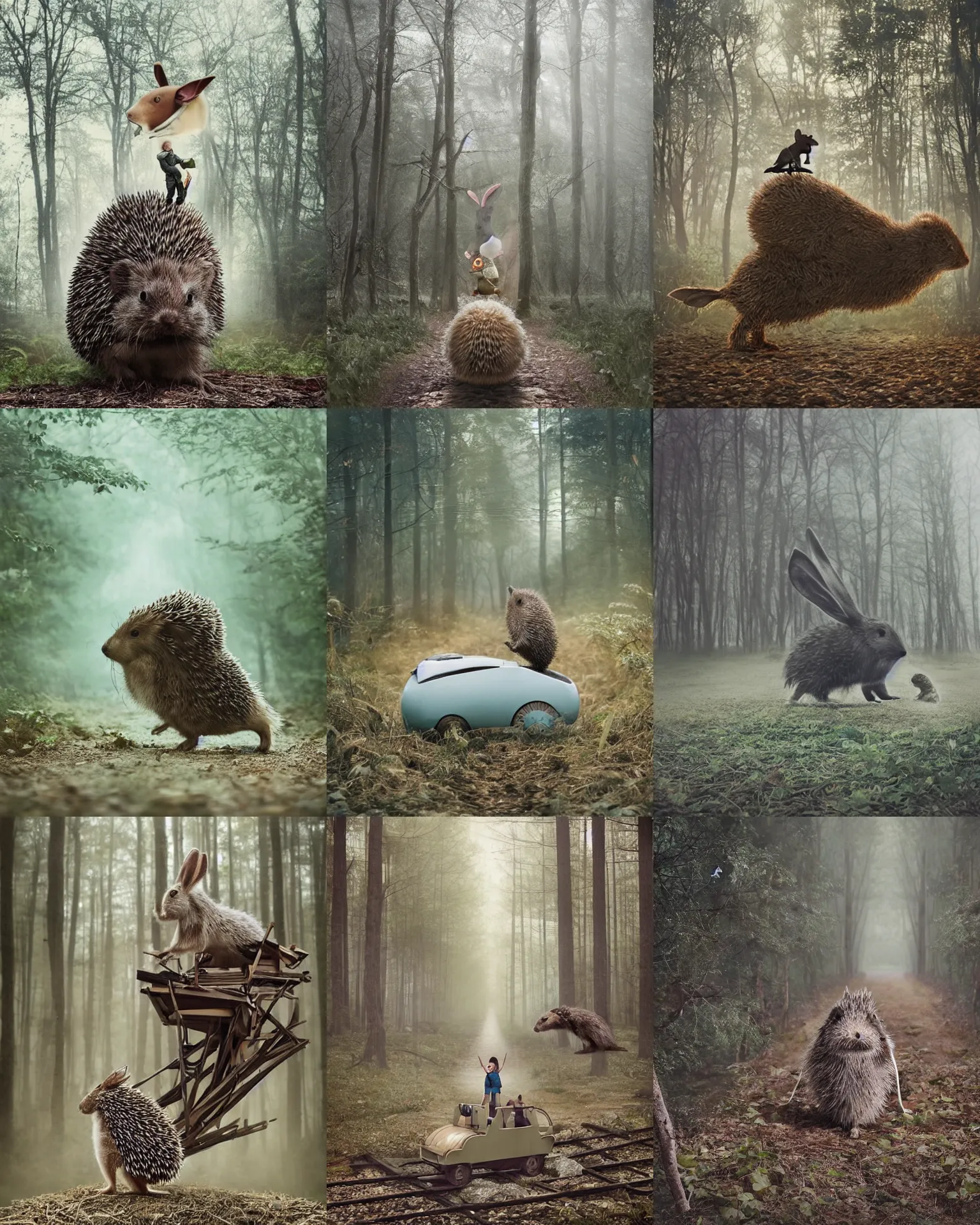 Prompt: hedgehog riding battle train as giant rabbit with long ears ,in deep forest hungle , full body , Cinematic focus, Polaroid photo, vintage , neutral dull colors, soft lights, foggy mist , by oleg oprisco , by thomas peschak, by discovery channel, by victor enrich , by gregory crewdson