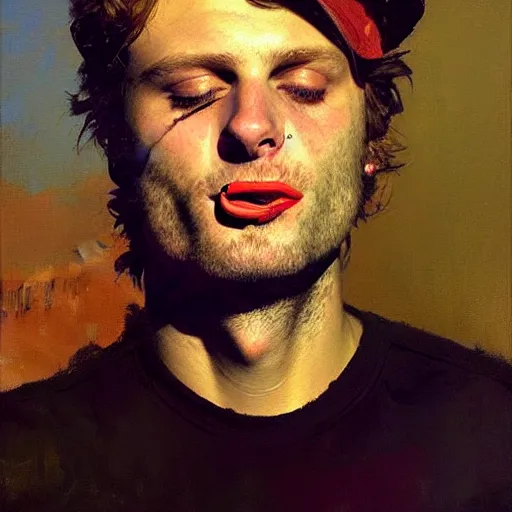 Image similar to portrait of mac demarco smoking a cigarette, detailed face, detailed painting, epic lighting, by ilya repin, phil hale and kent williams