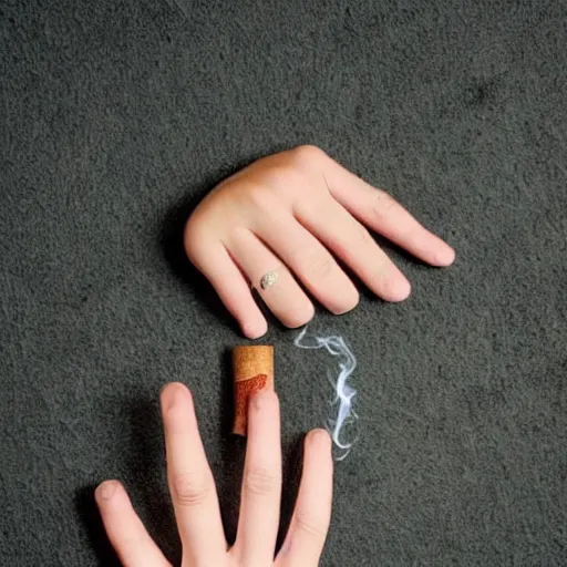 Image similar to normal man's hand with five fingers and a ring and a cigarette between the fingers