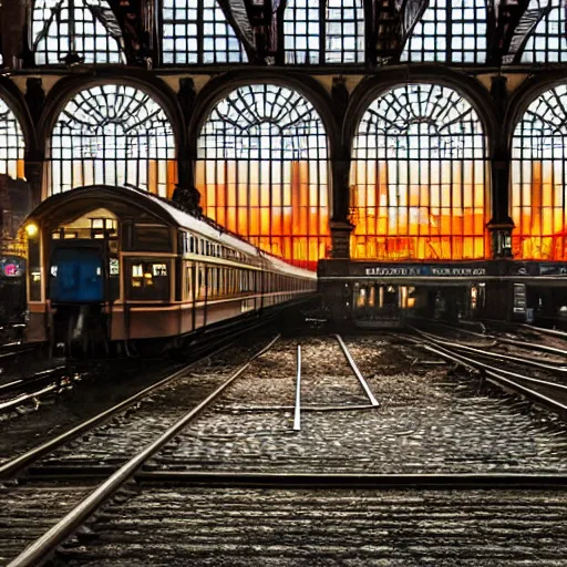 Image similar to A beautiful historical interior of Amsterdam central station with steam locomotives leaving the station, blinding backlight sunset, hyper real highly detailed