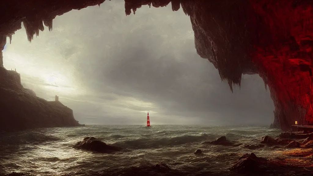 Image similar to red lighthouse in the cave, andreas achenbach, artgerm, mikko lagerstedt, zack snyder, tokujin yoshioka