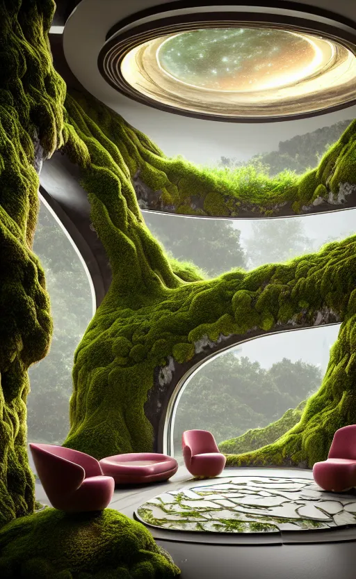 Image similar to highly detailed villa natural beautiful light interior soft cinematic composition of a smooth ceramic porcelain biomorphic magnolia stone nebula fluid sci - fi surreal colorful architecture landscape, furniture, granite, trees, marble, moss, lichen, fungi, vincent callebaut composition, mamou - mani, archviz, 8 k, unreal engine, hdr