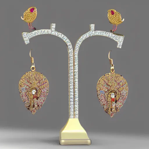 Prompt: jewelry design, jewelry display, earrings with phoenix decoration