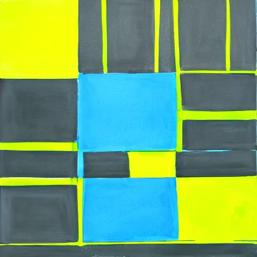 Prompt: painting, rectangle and triangle shapes ( colors : blue, yellow, green ), divided by black lines