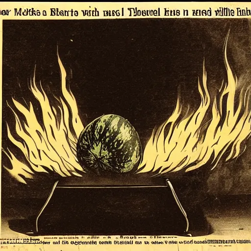 Image similar to a watermelon on fire in a bar, early 1 9 0 0 s newspaper