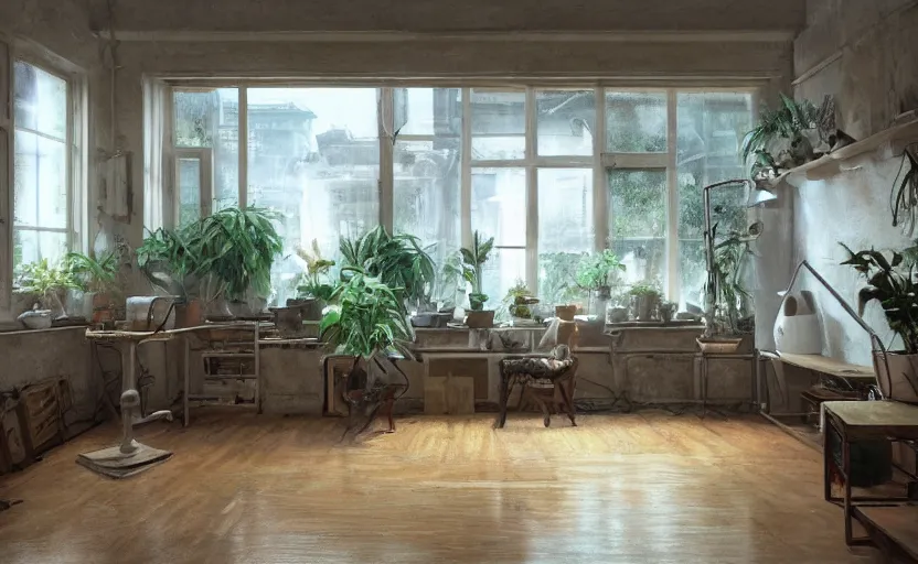 Image similar to a stylish artist studio interior, old wood floors, potted plants, painting by Craig Mullins, octane rendering, soft morning lighting, wide angle lens, low view, in the style of Hayao Miyazaki, trending on artstation,