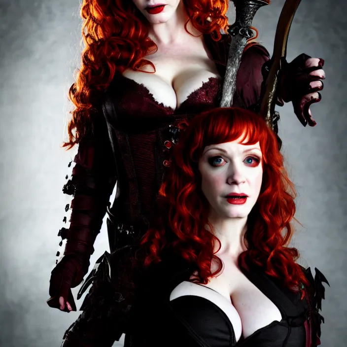 Prompt: professional full length photograph of christina hendricks as a vampire warrior. Extremely detailed. 8k