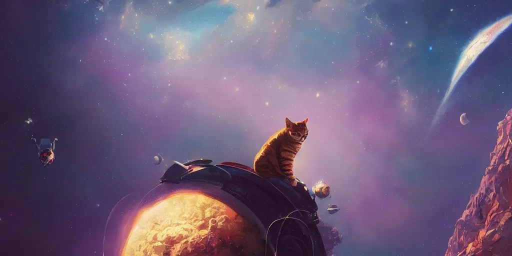 Image similar to cat high in space, Moebius, Greg Rutkowski, Zabrocki, Karlkka, Jayison Devadas, Phuoc Quan, trending on Artstation, 8K, ultra wide angle, zenith view, pincushion lens effect