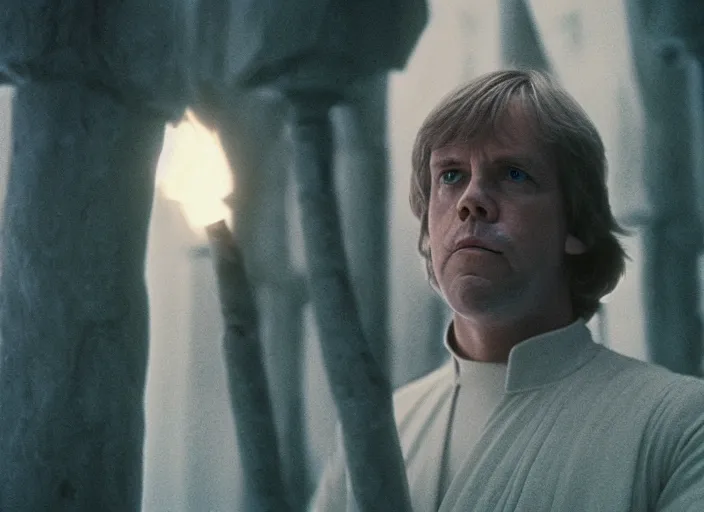 Prompt: single portrait of Luke skywalker uncovering the glowing ancient jedi texts. a hazy ethereal ancient Jedi cathedral, screenshot from the 1983 film Holy Mountain, directed by Jordowsky, Photographed with Leica Summilux-M 24 mm lens, ISO 100, f/8, Portra 400, kodak film, anamorphic lenses