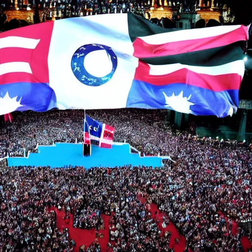 Image similar to Lady Gaga as president, Argentina presidential rally, Argentine flags behind, bokeh, giving a speech, detailed face, Argentina