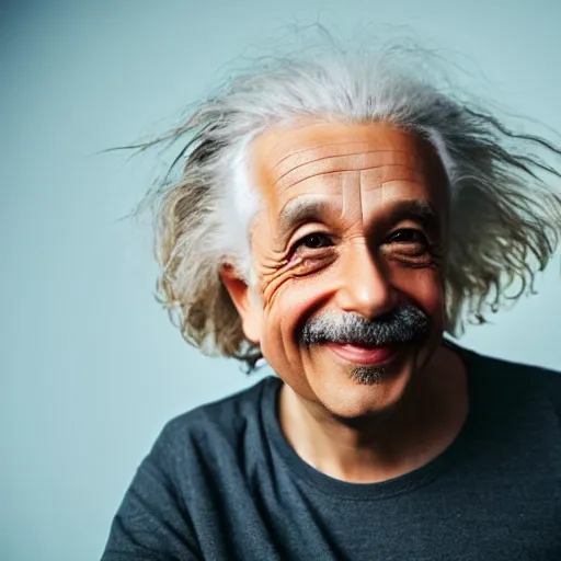 Prompt: Portrait Photo of a young Albert Einstein smiling into the camera, smiling softly, colored, realistic, 4k/8, real, photoshooting, relaxing on a modern couch, interior lighting, cozy living room background, medium shot, mid-shot, soft focus, professional photography, Portra 400