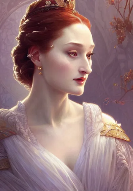 Image similar to sansa ice queen, intricate, elegant, highly detailed, digital painting, artstation, concept art, smooth, sharp focus, illustration, art by artgerm and greg rutkowski and alphonse mucha and william - adolphe bouguereau