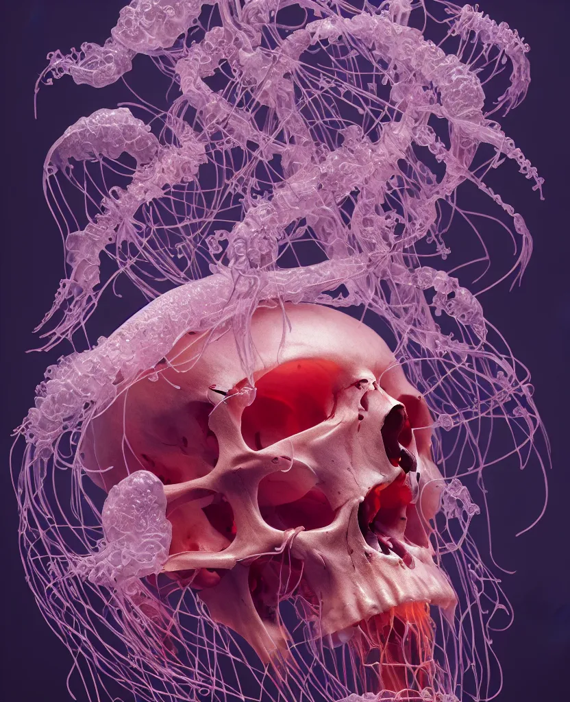 Image similar to composition of human skulls, animals skulls, bones, rib-cage. jellyfish orchids and betta fish, bioluminiscent, intricate artwork by Tooth Wu and wlop and beeple. octane render, trending on artstation, greg rutkowski very coherent symmetrical artwork. cinematic, hyper realism, high detail, octane render, 8k