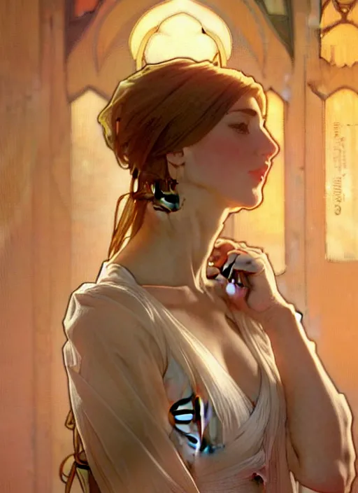 Prompt: digital character concept art by artgerm, by greg rutkowski, by alphonse mucha. clear portrait of a shy modern wife blessed by god to grow immaculately fertile and perfect!! blonde, in clothes! holy body! light effect. hyper detailed, glowing lights!! intricate, elegant, digital painting, artstation, smooth, sharp focus