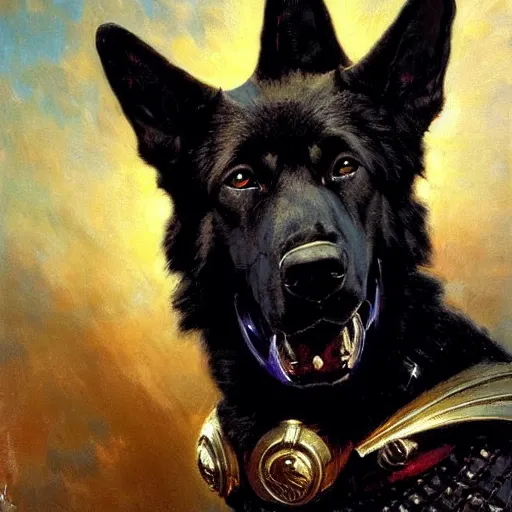 Image similar to a portrait of a manly and muscular black german shepherd dogman canine, star trek the next generation. highly detailed painting by gaston bussiere, craig mullins, j. c. leyendecker, furry