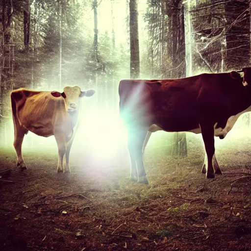 Prompt: polaroid photograph of several cows looking at the camera, in creepy forest, night, eyes glowing from camera flash