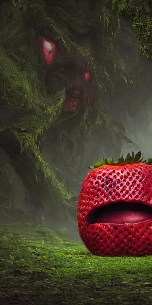 Image similar to an angry smiling strawberry with purple eyes, surrounded by a green forrest, moody, lovecraft, giger, ridley scott, zack snyder, Fenghua Zhong, realistic cinematic lighting, establishing action shot, ultra detailed, hyper realism, photo, octane render