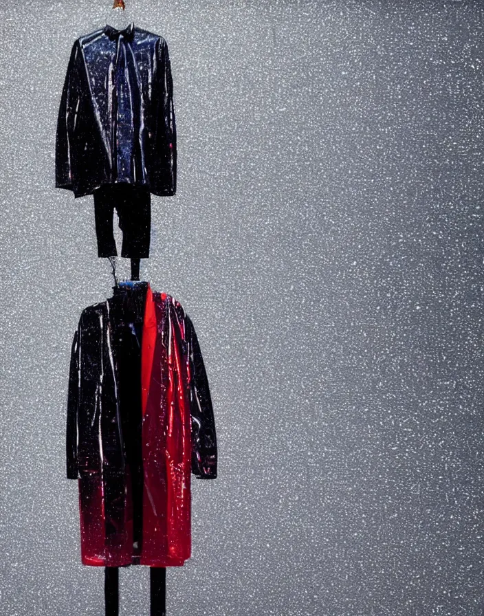 Image similar to close - up portrait of an empty slick fashionable zara raincoat floating suspended mid - air on a glittering wet rainy display designed by james terrell, wes anderson, felipe pantone, symmetry, rule of thirds