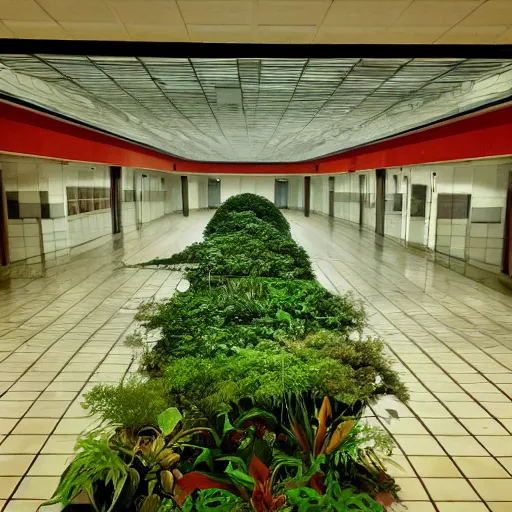 Image similar to Beautiful cameraphone 2000s, soft liminal Photograph of foggy abandoned mall with water on the floor plants growing