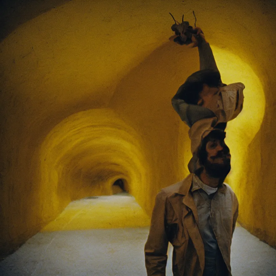 Image similar to 7 0 s movie still of a man with a jaw full of moth in a yellow wall tunnel, cinestill 8 0 0 t 3 5 mm eastmancolor, heavy grain, high quality, high detail