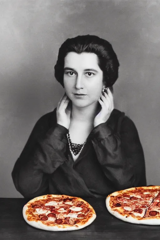 Image similar to historical photo of queen margherita ( savoy ) sharing a pizza! margherita with her friends, full body, portrait photo, diffuse light, acclaimed masterpiece