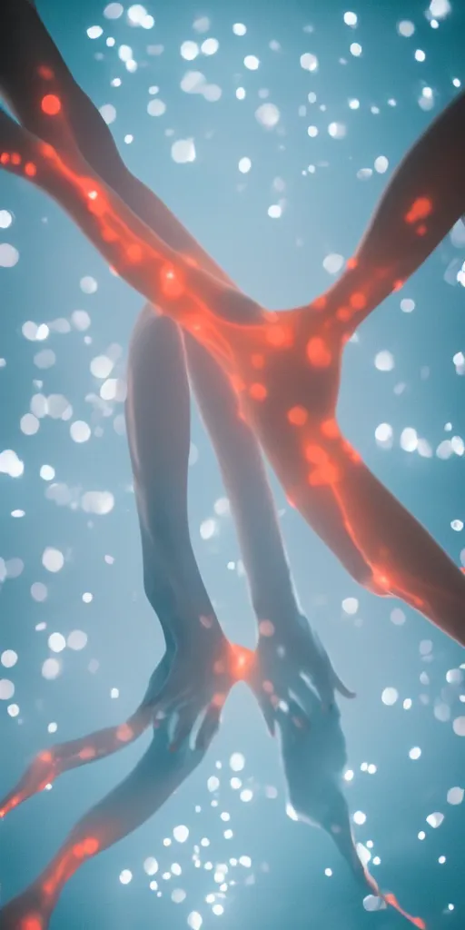 Image similar to gorgeous human bodies intertwined, long exposure photograph, anamorphic bokeh, orange and cyan lighting