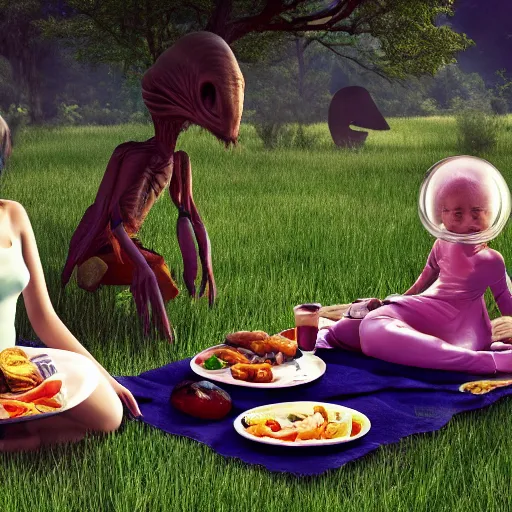 Image similar to having a picnic with my alien family, trending on artstation, 4 k photorealism, 4 k quality