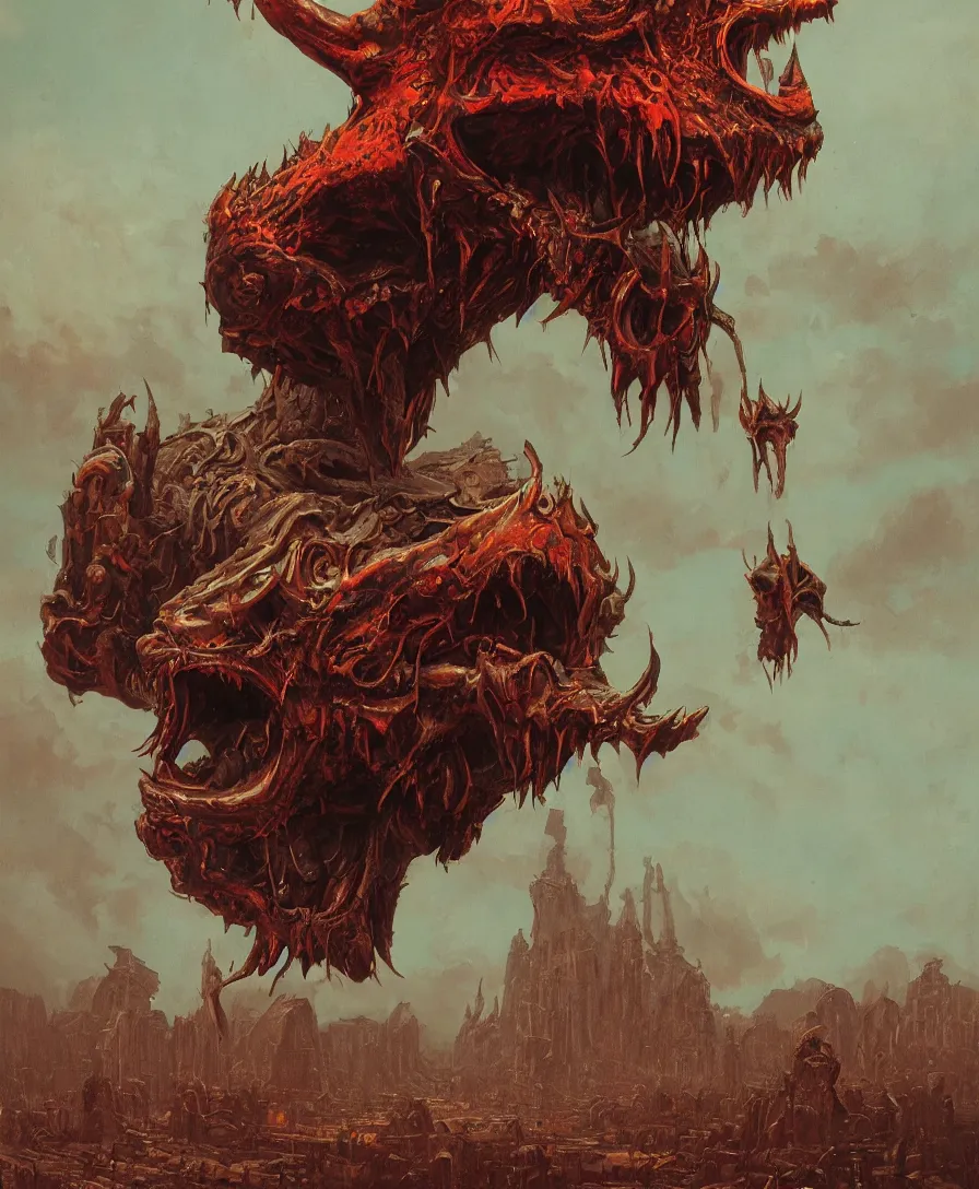 Image similar to portrait close up giant skull devil with arms open in judgement day, illustrated by Simon Stålenhag and Gaston Bussiere, intricate, ultra detailed, photorealistic, trending on artstation