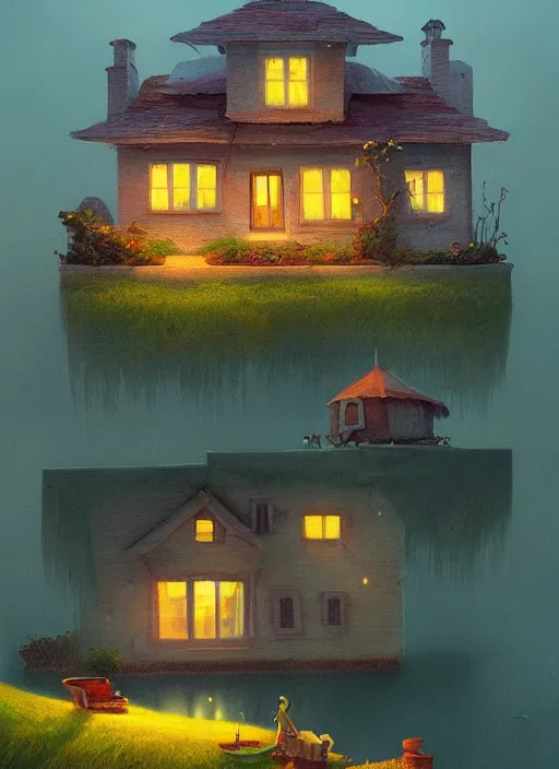 Image similar to painting of a house by a lake at night, a storybook illustration by gediminas pranckevicius, featured on artstation, fantasy art, storybook illustration, artstation hq, atmospheric