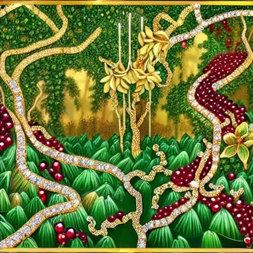 Prompt: A forest made of gemstones, with emerald leaves, vines made of golden chain, blossoms made of rubies, golden lillies on jade bushes, garnet and gold pomegranates, and jeweled fruit with diamonds and pearls