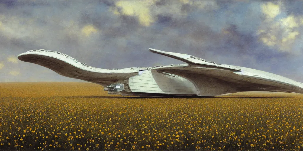 Image similar to Fernand Khnopff super technologies white giant spaceship starship battlestar airship superstructure deck, landed laying in center on tansy wormwood field, mountains afar by Fernand Khnopff by john berkey, oil painting, concept art