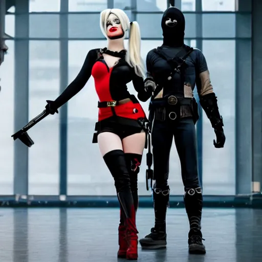 Image similar to 2B and A2 as Harley Quinn, Cinematography by Roger Deakins