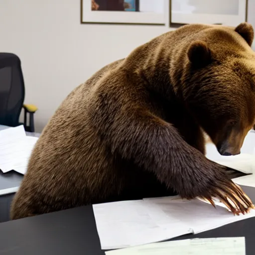 Prompt: bored bear at office, head leaning on first, fingers curled, with elbow on table, piles of paperwork