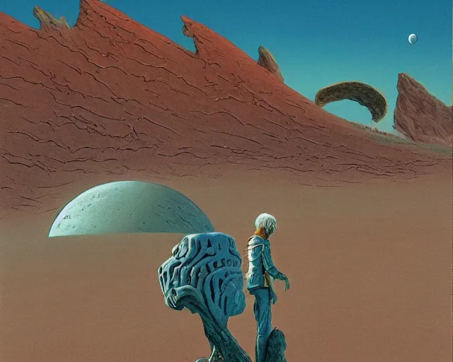 Image similar to roger dean 1 9 8 0 s art of a lone wanderer walking in the dry desert of a strange bizarre alien planet surface, moon in sky, imagery, illustration art, album art