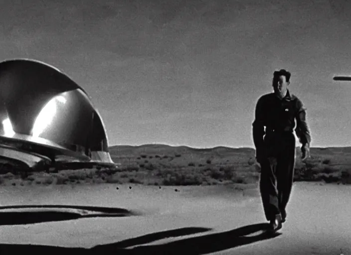 Prompt: an intergalactic mishap at roswell new mexico in 1 9 4 7, cinematography by john alton, film noir science fiction, cinematic lighting