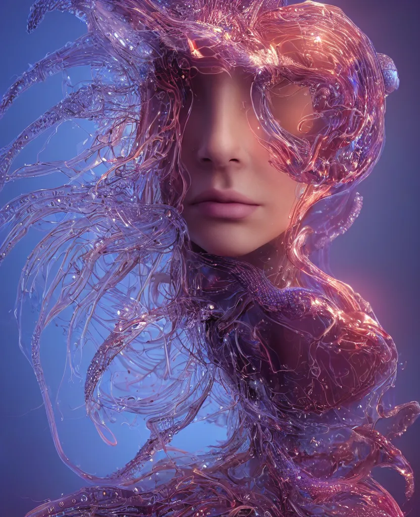 Image similar to close-up macro portrait of the face of a beautiful princess, epic angle and pose, symmetrical artwork, 3d with depth of field, blurred background, cybernetic jellyfish female face skull phoenix bird, translucent, nautilus, energy flows of water and fire. a highly detailed epic cinematic concept art CG render. made in Maya, Blender and Photoshop, octane render, excellent composition, cinematic dystopian brutalist atmosphere, dynamic dramatic cinematic lighting, aesthetic, very inspirational, arthouse. y Greg Rutkowski, Ilya Kuvshinov, WLOP, Stanley Artgerm Lau, Ruan Jia and Fenghua Zhong