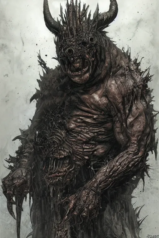 Prompt: portrait of blind sorcerer, pig faced, boar - man by hr giger, greg rutkowski, luis royo and wayne barlowe as a diablo, resident evil, dark souls, bloodborne monster