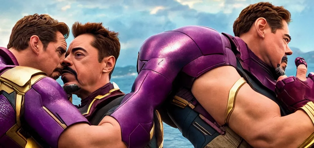 Image similar to a very high resolution image from a new movie. thanos kissing tony stark on a lake, photorealistic, photography, directed by wes anderson