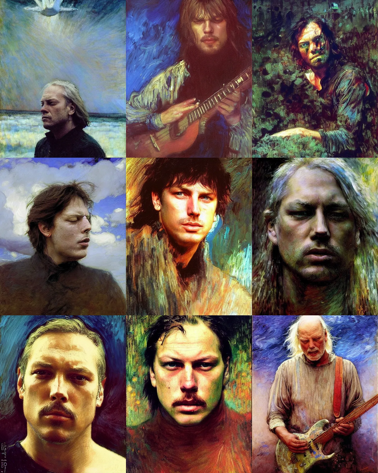 Prompt: david gilmour age 3 2 dramatic expression, psychedelic plein air portrait painting by ilya repin, john william waterhouse, thomas moran, studio ghibli, donato giancola, fashion photography,