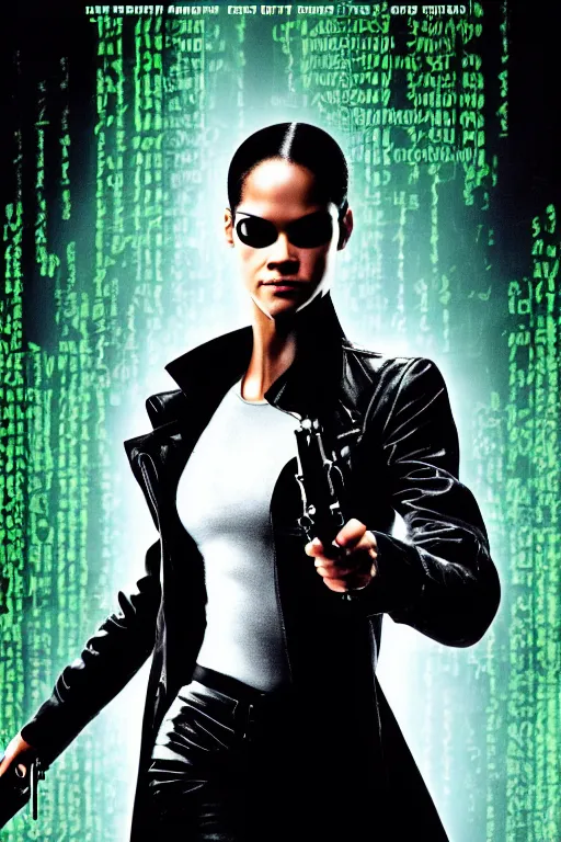 Prompt: a movie poster portrait taken from the matrix movie featuring ( misty copeland ) with long black braids, wearing futuristic sun glasses and black leather trench coat, holding a futuristic gun, green matrix computer code and light beams flash in the background, no text, extremely detailed, extremely symmetrical facial features, by kevin fiege 8 k